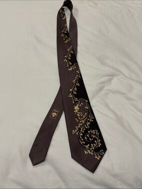 Versace Brown Silk Tie with Gold Baroque Scroll Motif